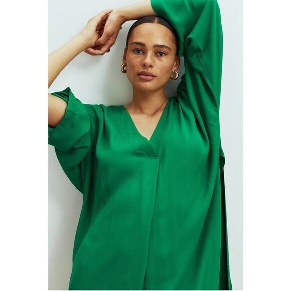 H&M Kaftan Dress Belted Green Short Oversized New - Picture 5 of 8